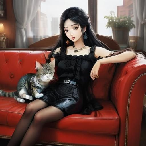 <lora:Realistic Portrait:1.0> "pretty  girl with cat very, very, very pretty breathtaking in  sofa