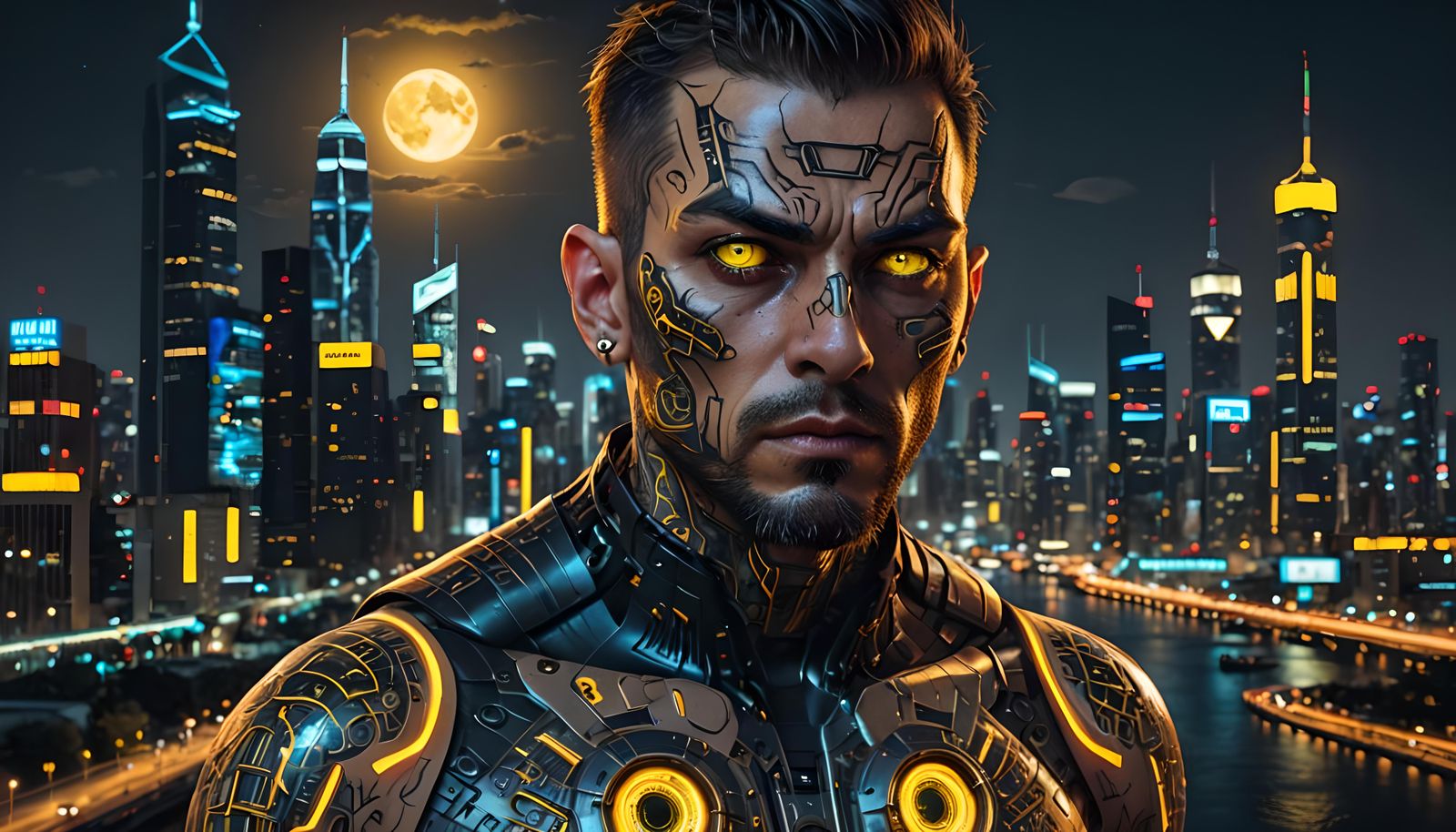 A Hyper Realistic cyberpunk portrait of a man with neon tatt...