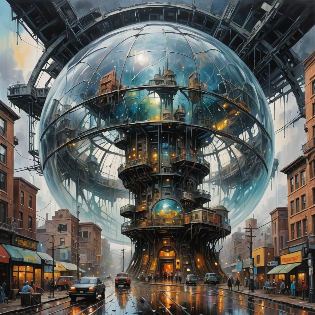 Huge glass force field dome covering a science fiction metal...