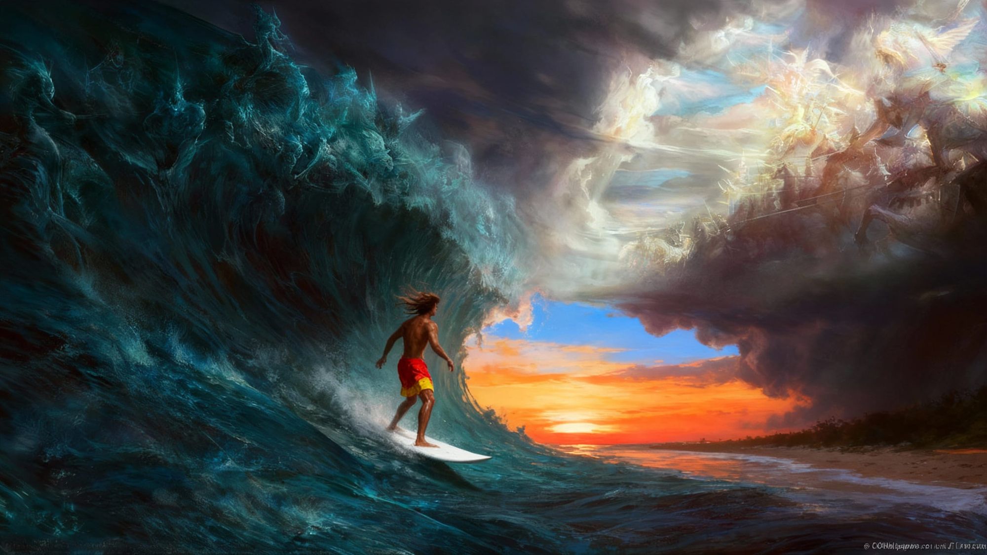 “Epic fantasy painting of a lone surfer on a white surfboard, dwarfed by massive storm waves under dark swirling clouds. His bronzed skin an...