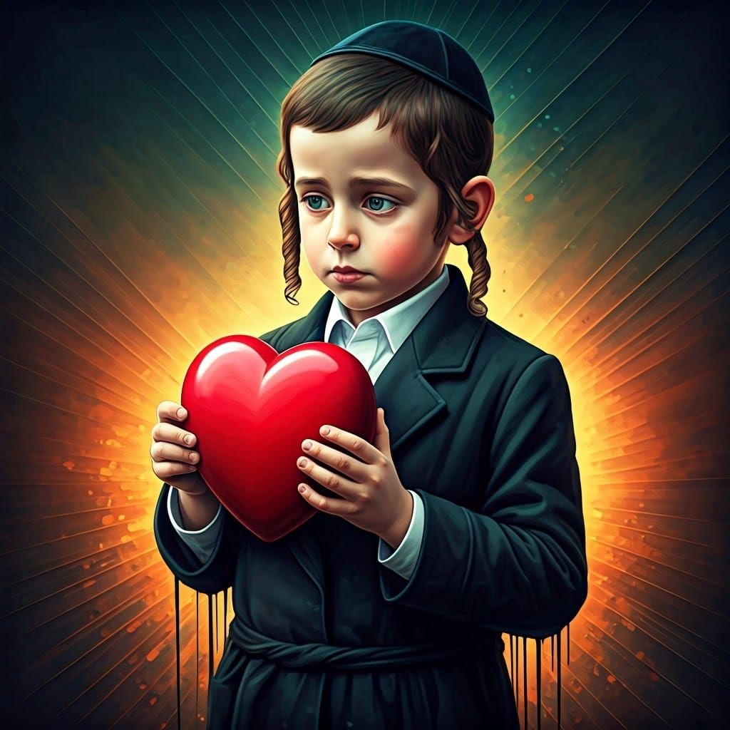 Hasidic Boy Contemplates with a Large Red Heart