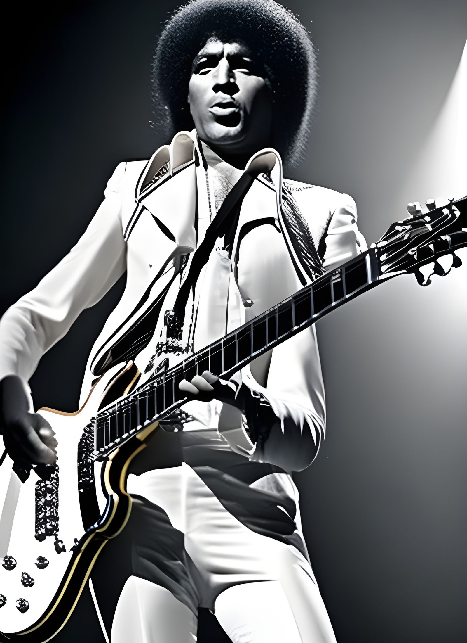 1970's Rock guitar god, creamy colors, rich colors, suspende...