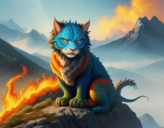 Fauvist Cat Riding Dragon in Misty Mountains