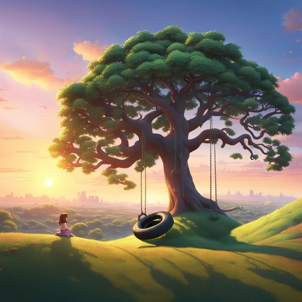A tree on a hill, a tire swing, a young girl sitting under t...