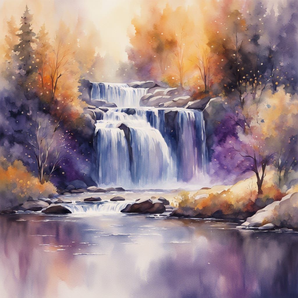 watercolor washes of sapphire and violet blending into golden highlights, waterfalls sparkling like liquid ...  by @CatLoverElla