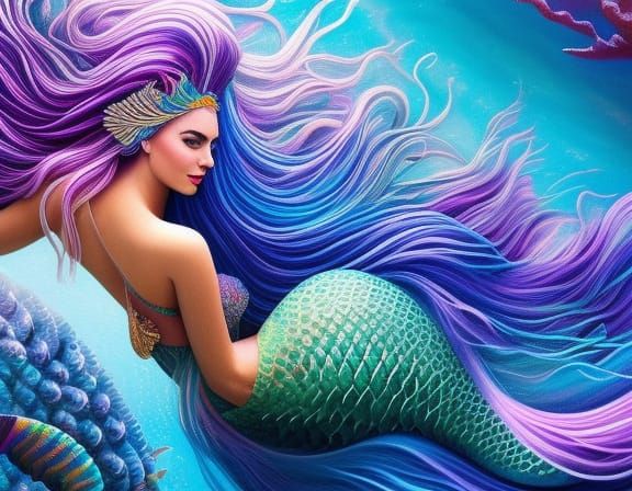 Beautiful goddess of the sea::mermaid::rainbow scales::long ...