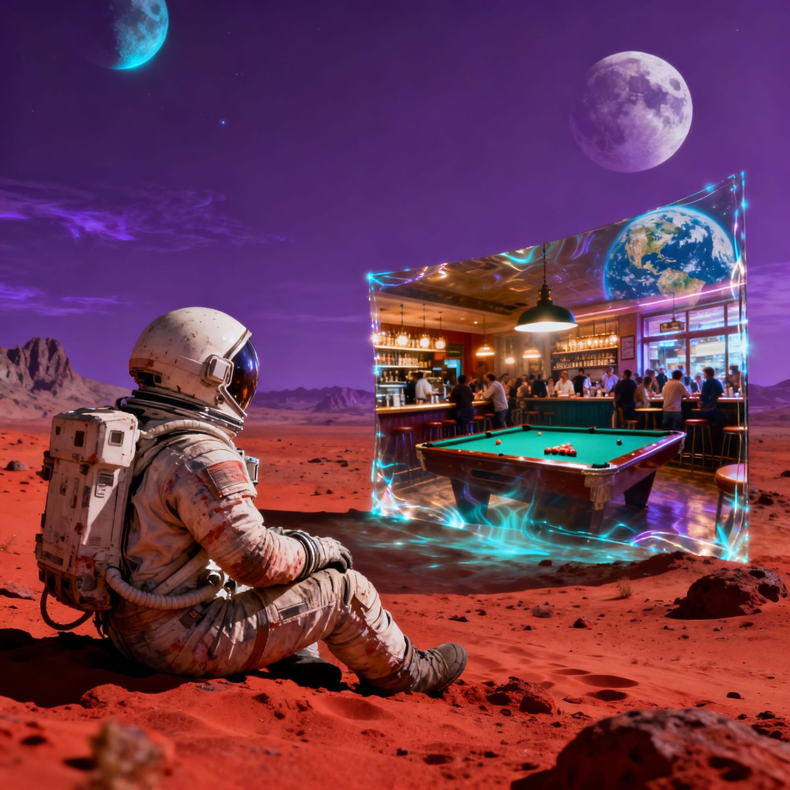 Seedream 4.0, photograph.surrealism. Medium shot. A lone astronaut sits on a desolate, red-sand alien ...  by @Paul Snipes