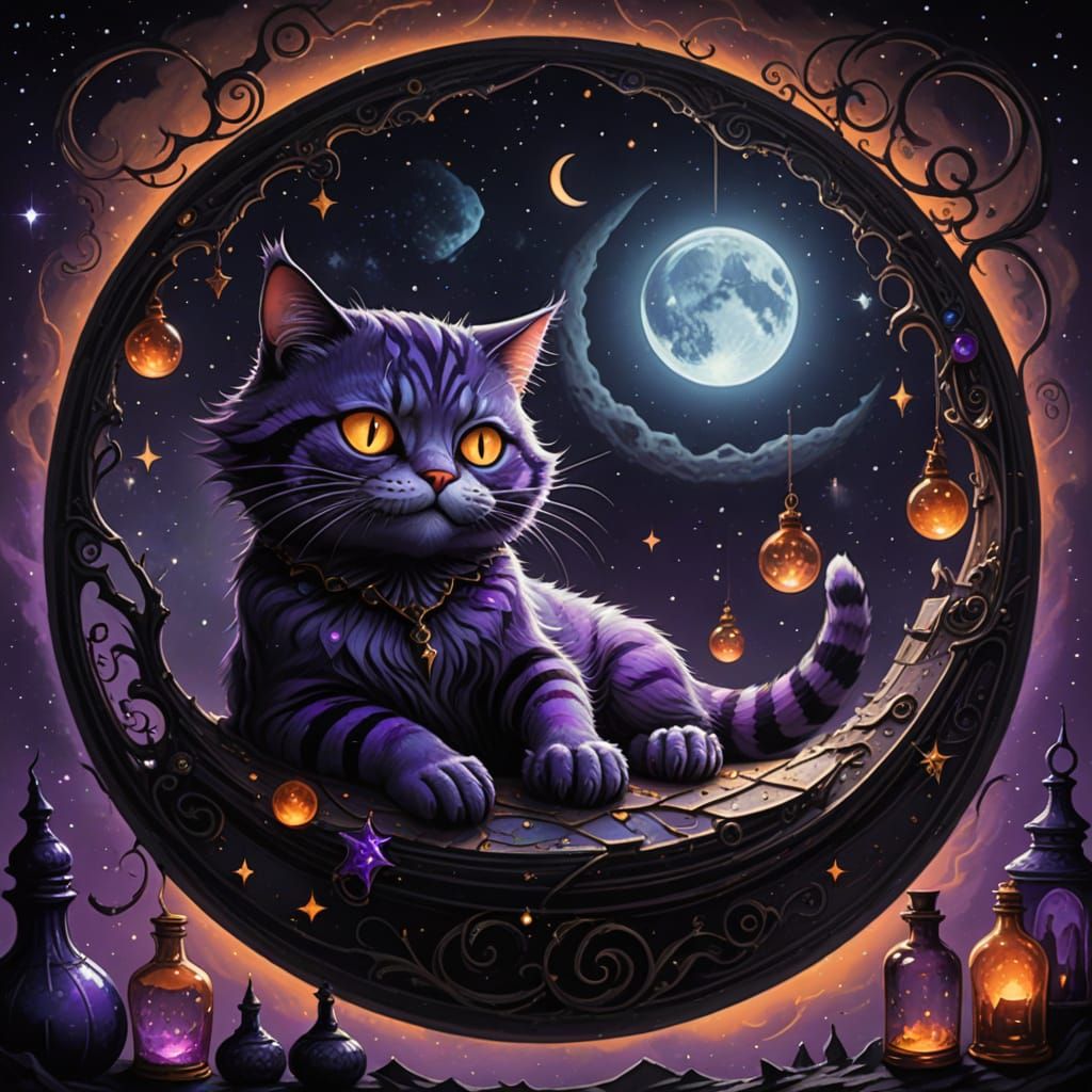 Imagine a mischievous Cheshire Cat in orange and purple lounging on a crescent moon in a star-filled ...  by @Elviira 