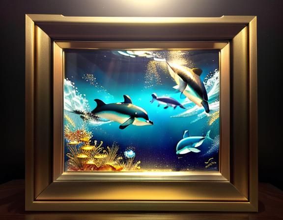Inside a dolphin style decorated 3D detailed frame, beautifu...