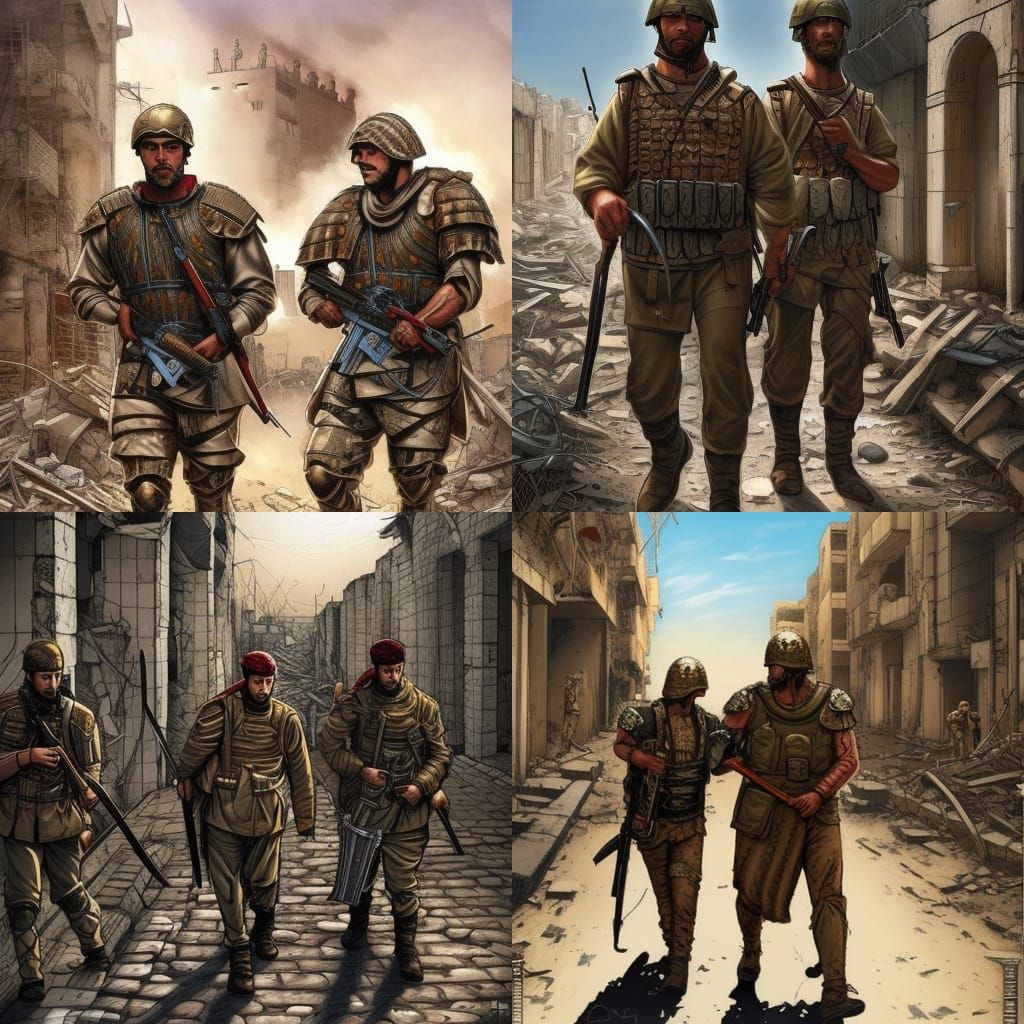 Modern Roman Soldiers with swords and machine guns walking down battle