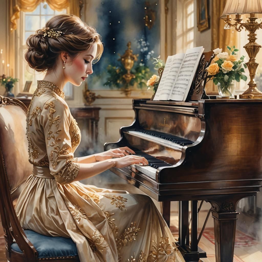 femme jouant du piano style vintage, sans imperfections, lumière très détaillée, atmosphère vintage, ...  by @Rosa