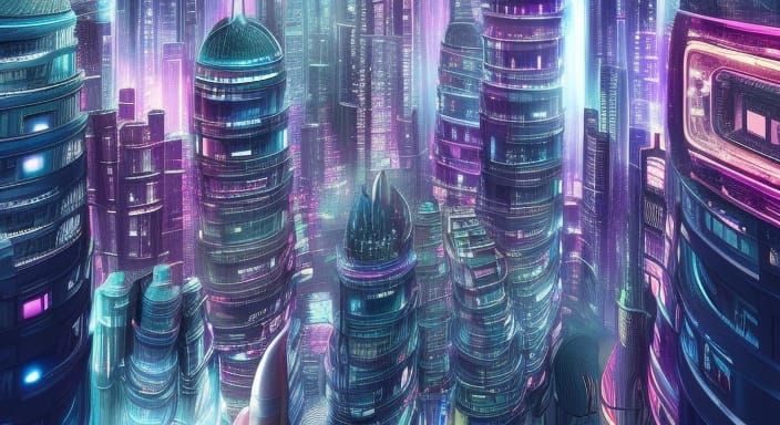 Create a breathtaking image of a futuristic city nestled in ...