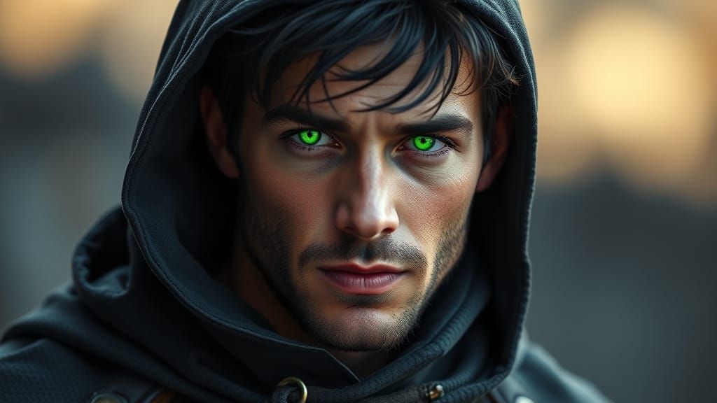 Rugged Hero in Neon Green Gaze