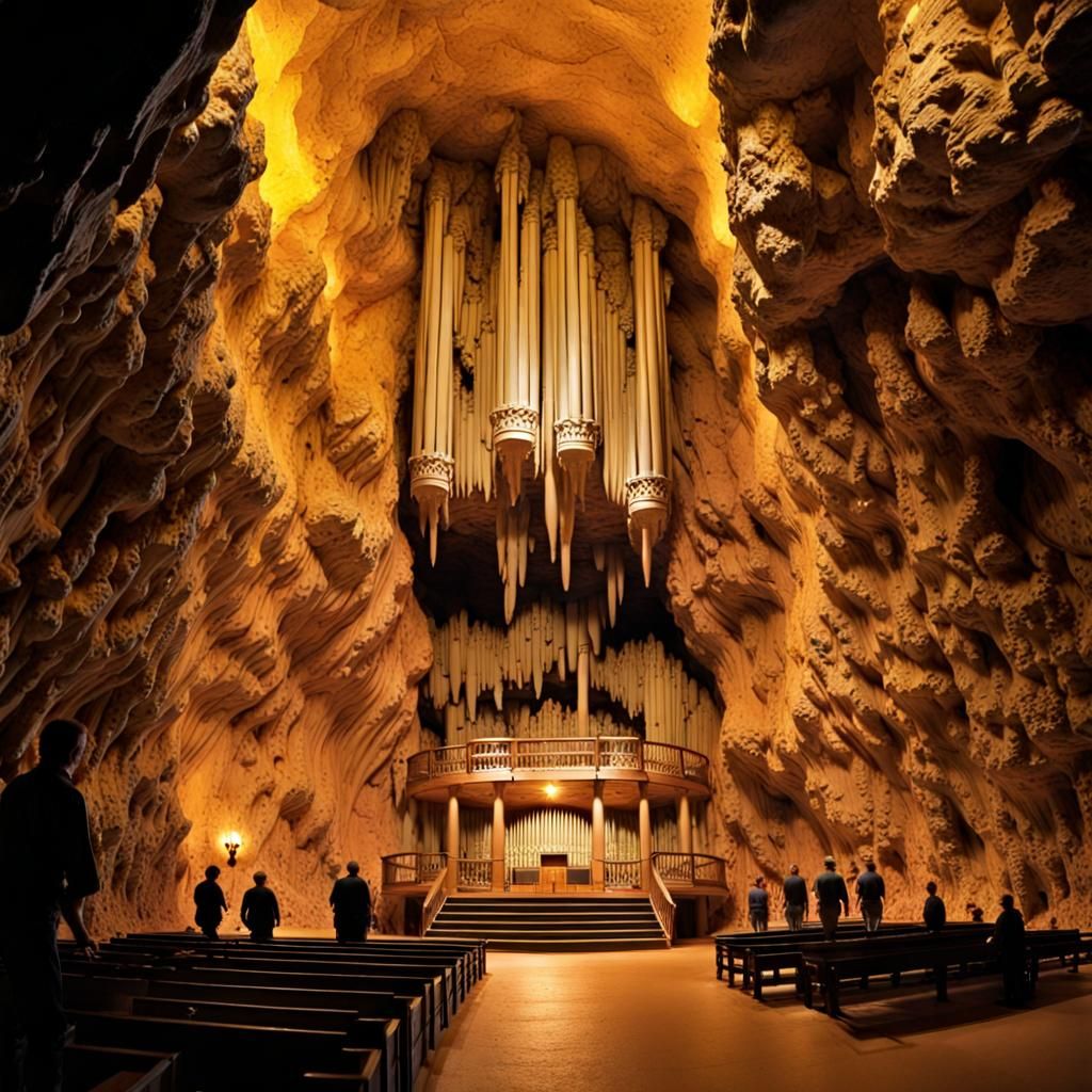 " Luray Caverns , the giant Stalacpipe organ, 8k panoramic view focused on a surprising underground landscape, ...  by @jimmyoutside