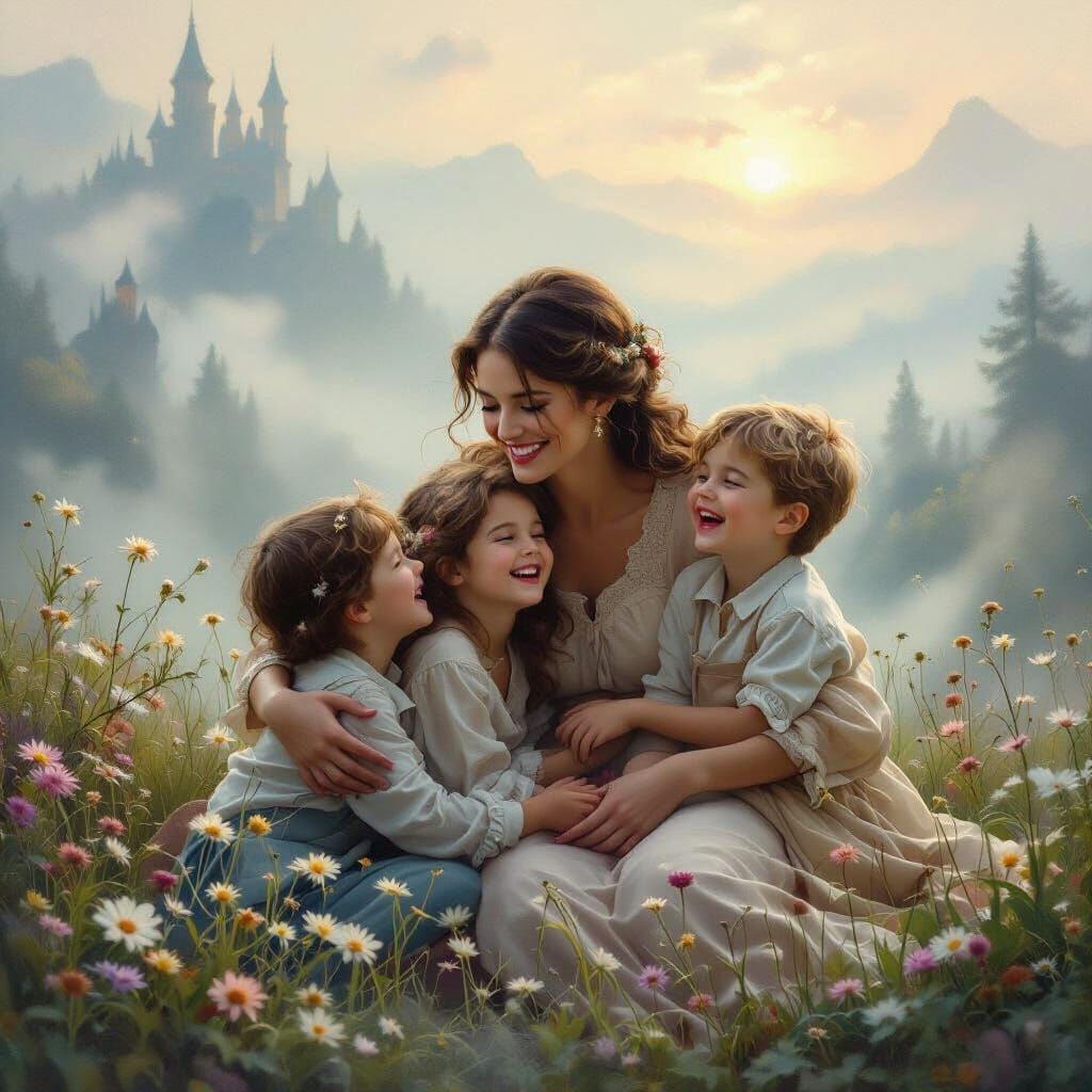 Happy Mother and Children in Whimsical Style