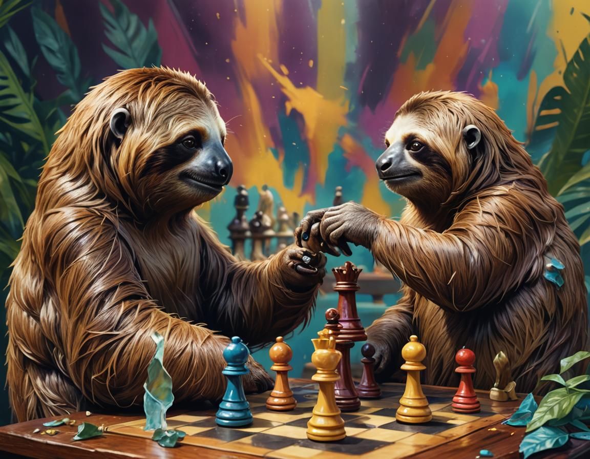 Two sloths playing chess