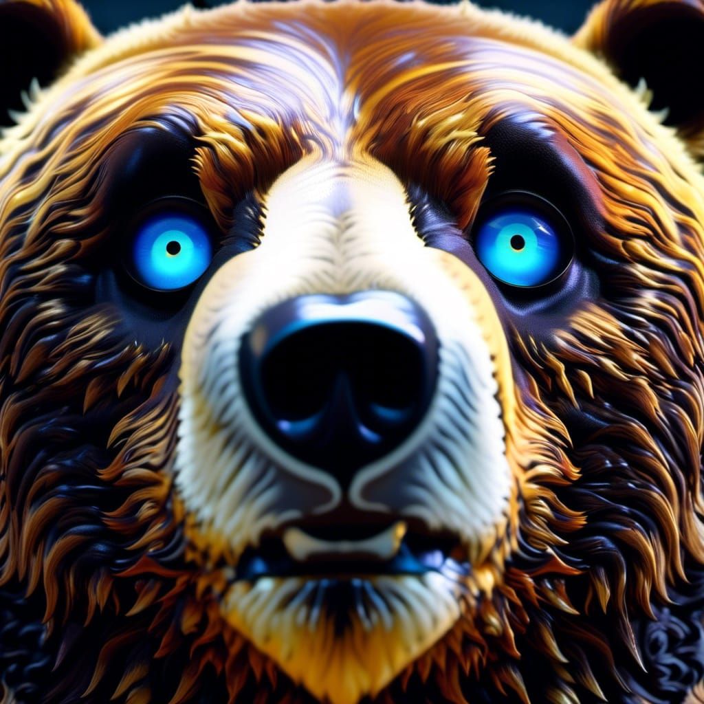 "Close-up Microphotograph: Towering obese Bear (Lamp Eyes)- Large glowing eyes, with UV Blacklight fur Confident Fuzzy: Big full-body obese...