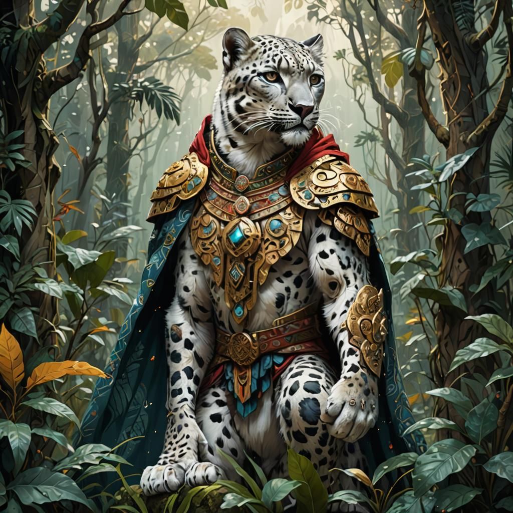 aztec warrior snow leopard, standing in the jungle, wearing a cape, golden outlines, highly detailed, intricate motifs, organic tracery, per...