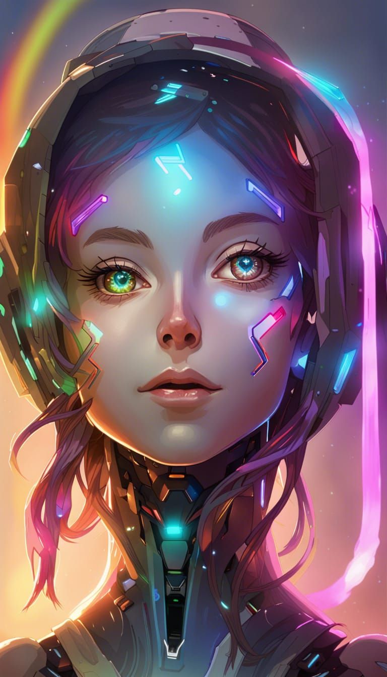 The robot girl's eyes emit rainbow-colored beams, illuminating the ...