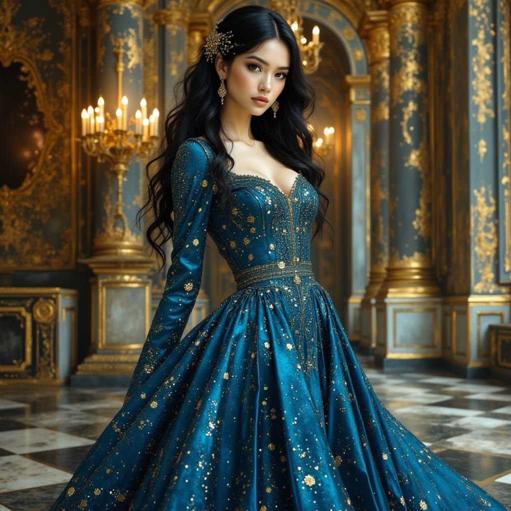 Elegant Woman in Jewel-Toned Fantasy Palace