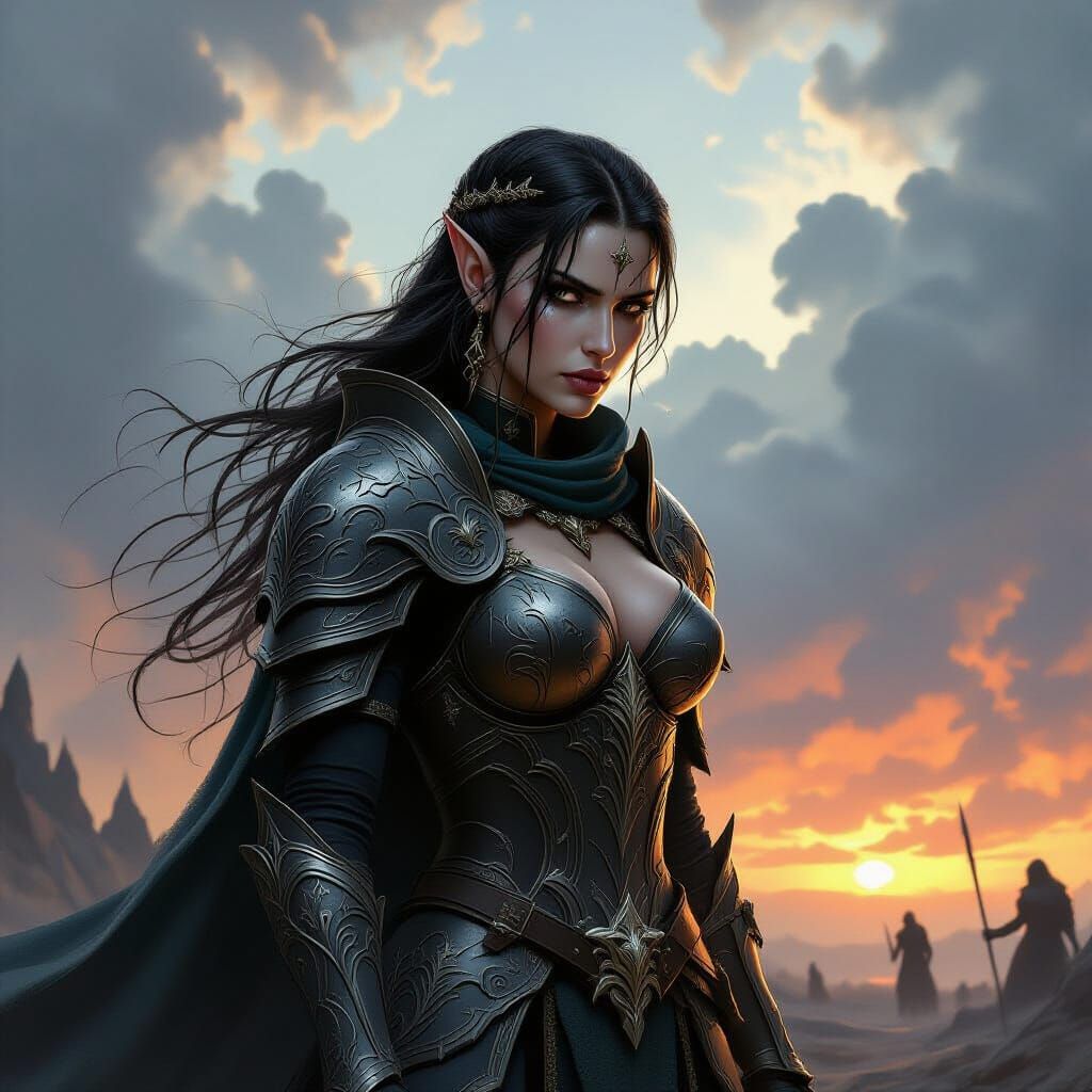 A formidable High Elf warrior, clad in ornate, dark fantasy armor etched with arcane symbols, stands on the precipice of a war-torn battlefi...