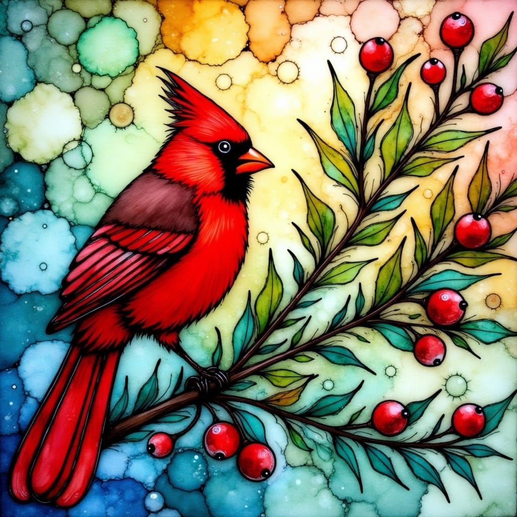 <lora:Alcohol Ink Splash:0.5> stained glass alcohol ink splash beautiful cardinal spruce sprig with red berries Japanese ink wash 