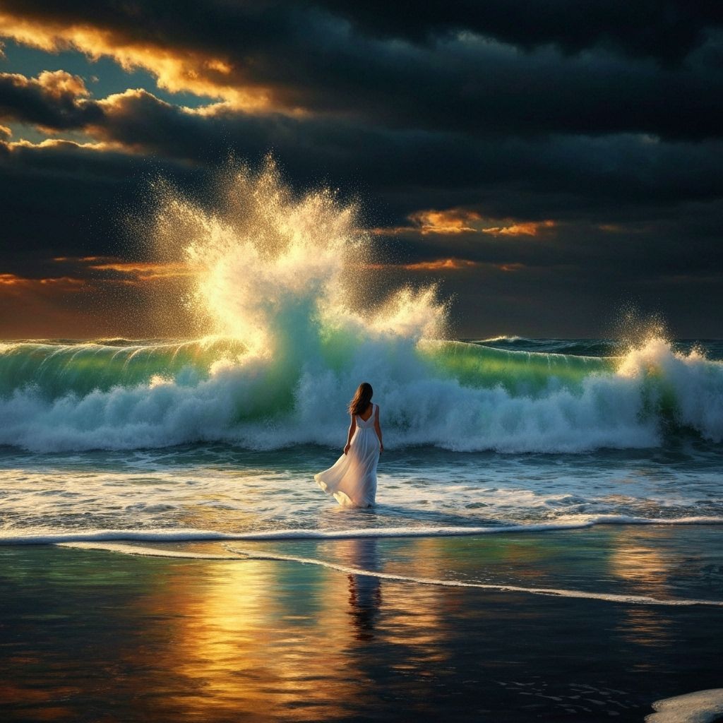 Waves crashing against rocks under a vivid sunset sky, painted in the post-impressionist style of Van ...  by @vivi