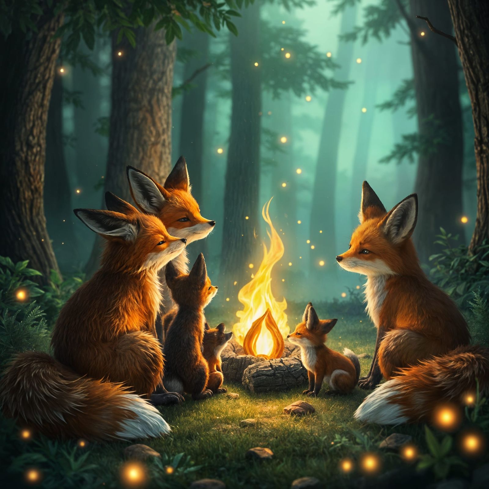 Fox Family by Campfire  by @CrystalAnimal