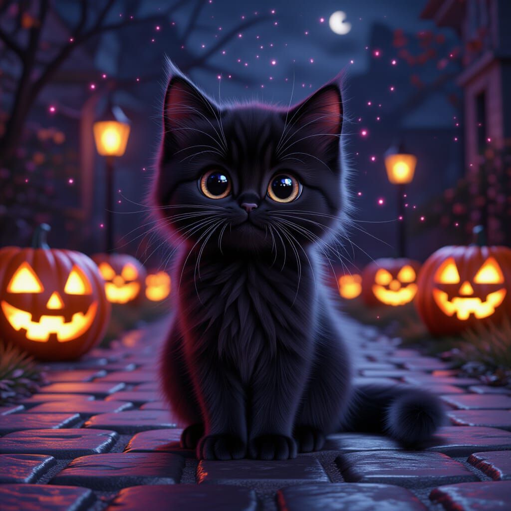 CGI, cute, silky, and big, adorable eyes, black cat on Halloween, sparkles,   by @CatLoverElla