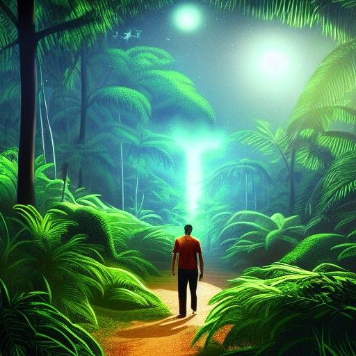 A man walking on a tropical forest with stars falling down o...