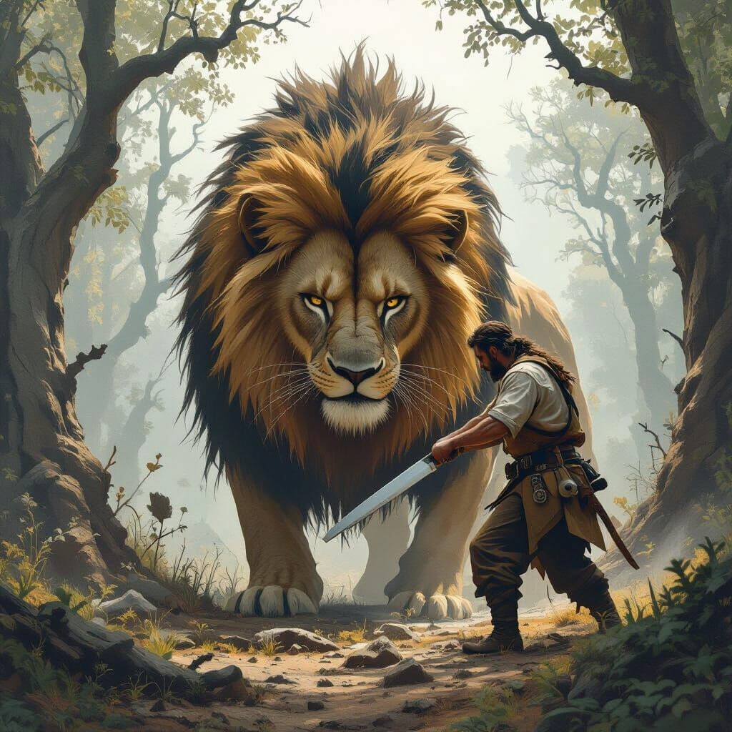 Man Slices Lion in Ancient Forest: Matte Painting