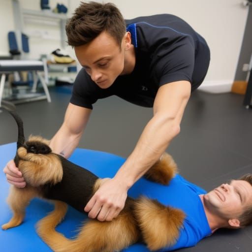 Tom Daley manually stretching an affenpinscher in the midst ...