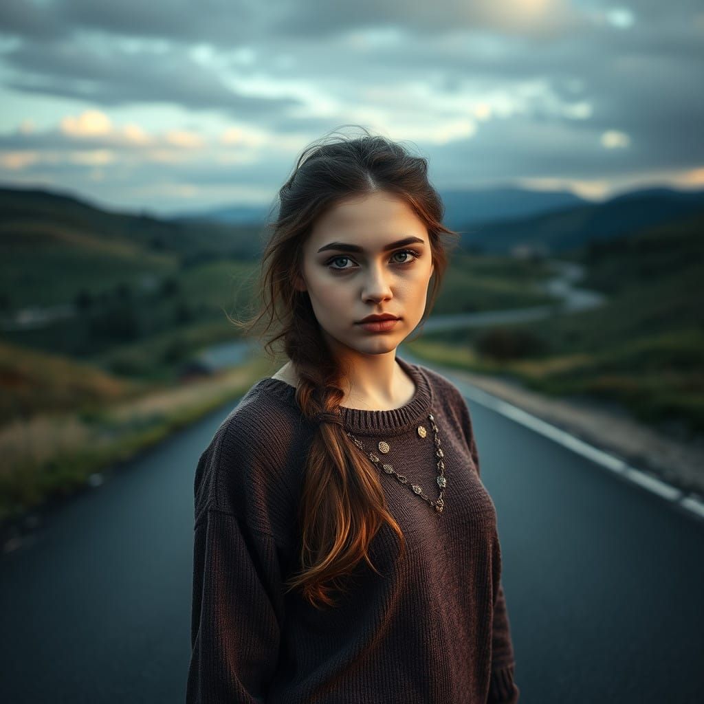 Young Woman Contemplates the Road to Pregradnya Village