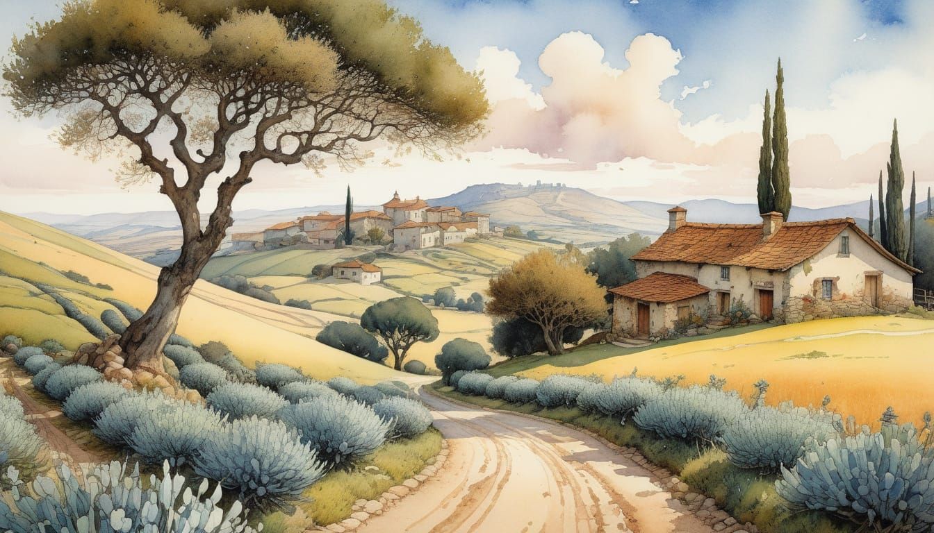 Mediterranean Hillside Illustration in Storybook Style