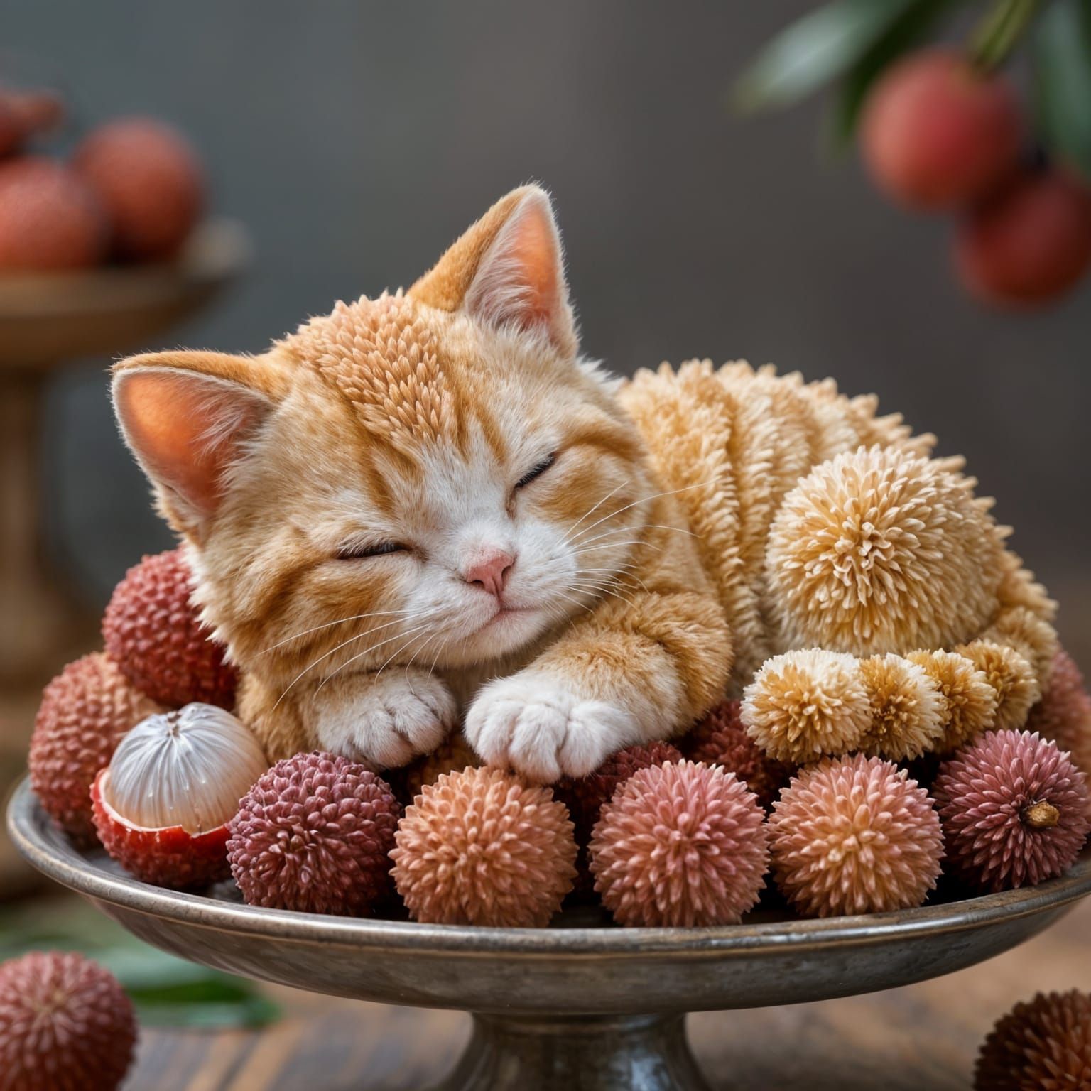 Adorable Lychee Kitten Sleeping on Fruit Stand
