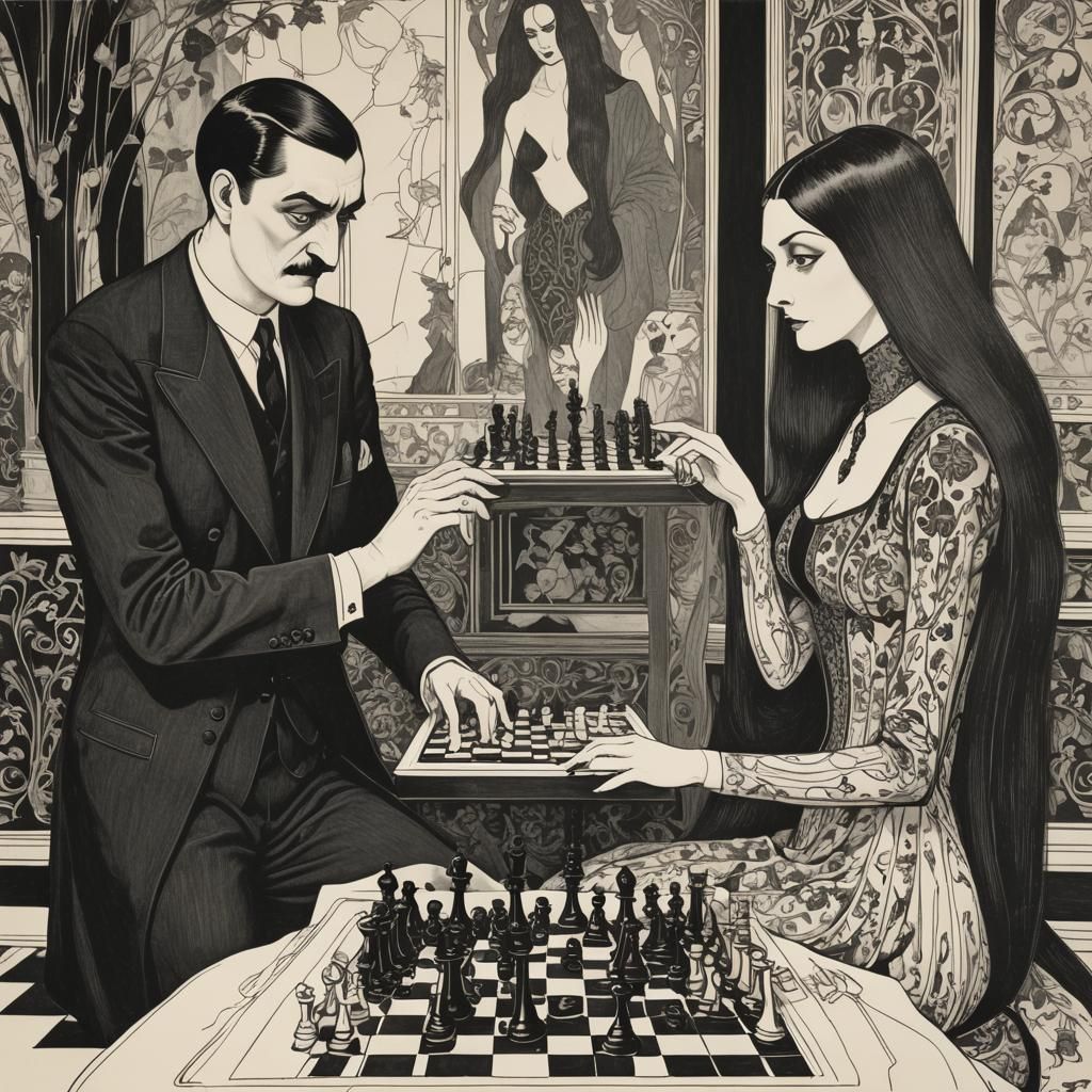 Aubrey Beardsley drawing of 2 people, Gomez Addams playing chess against Morticia Addams  by @odd-duck