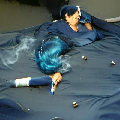 A woman with blue hair lying on the bed smoking a cigarette