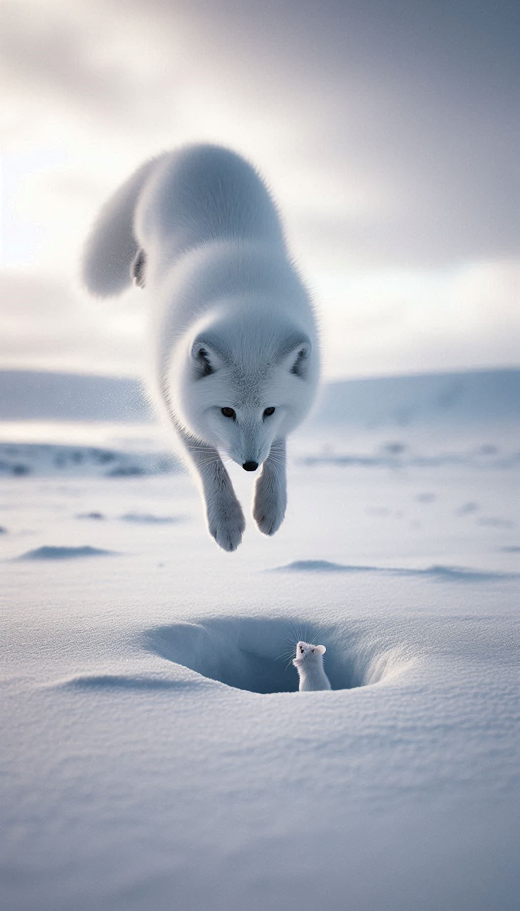 A White Arctic fox is in mid-air, diving headfirst towards a small hole in the snow #2