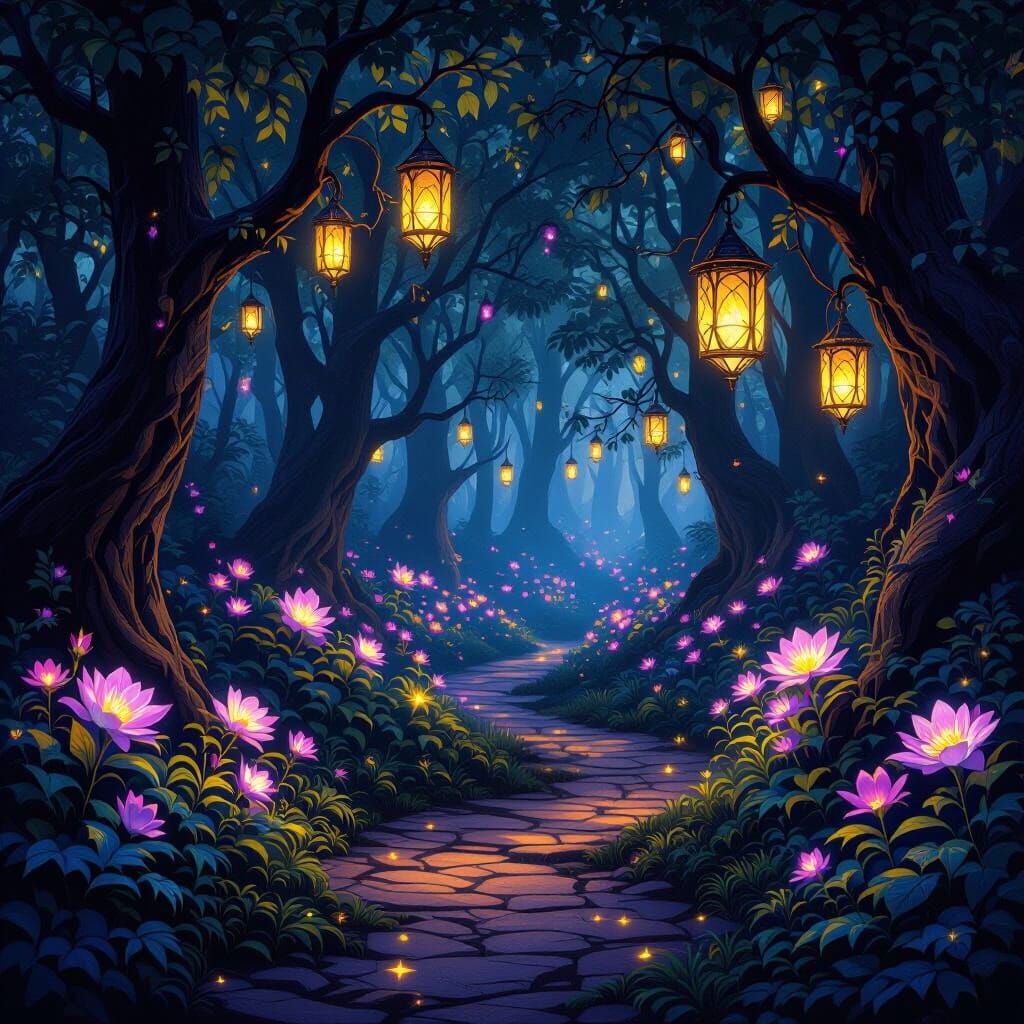 An enchanted forest with flower lanterns lighting the path