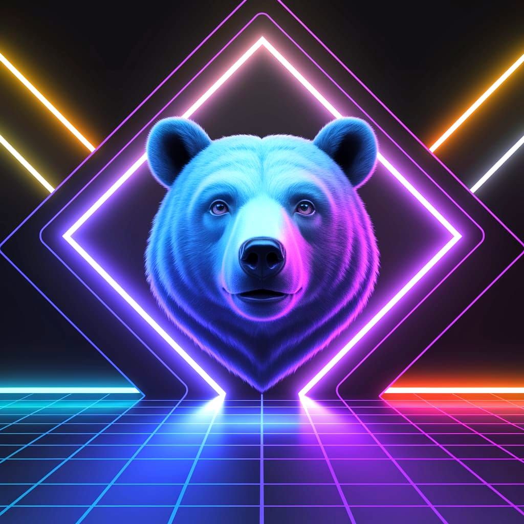The Cyberpunk Bear Dreams. Facing the viewer. Only the Bear's head is visible, floating in the middle of the background. Poster design aesth...