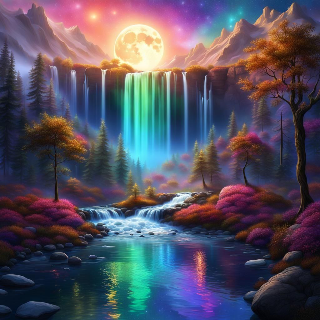 Reflection of moon down on iridescent water Iridescent flowing waterfall falling into a stream of colorful ...  by @Gaylatonette