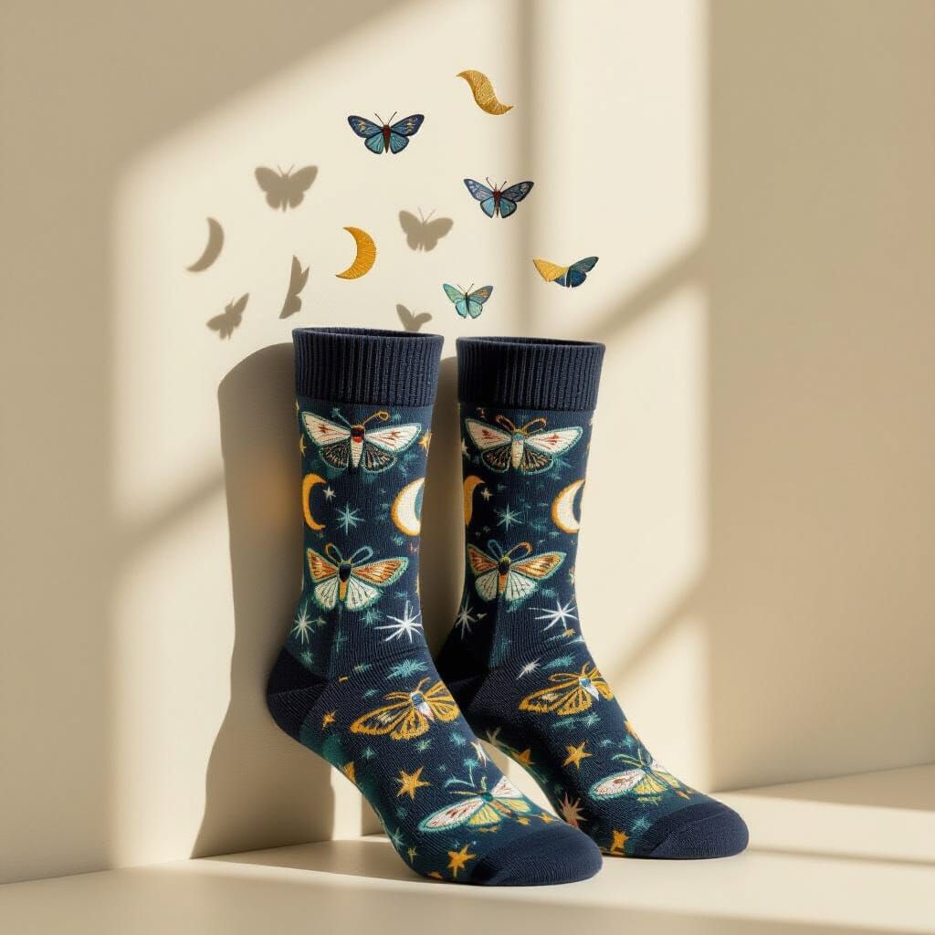Against a pale plaster wall, product shot of a pair of socks that is fashioned out of embroidered canvas ...  by @morr5750