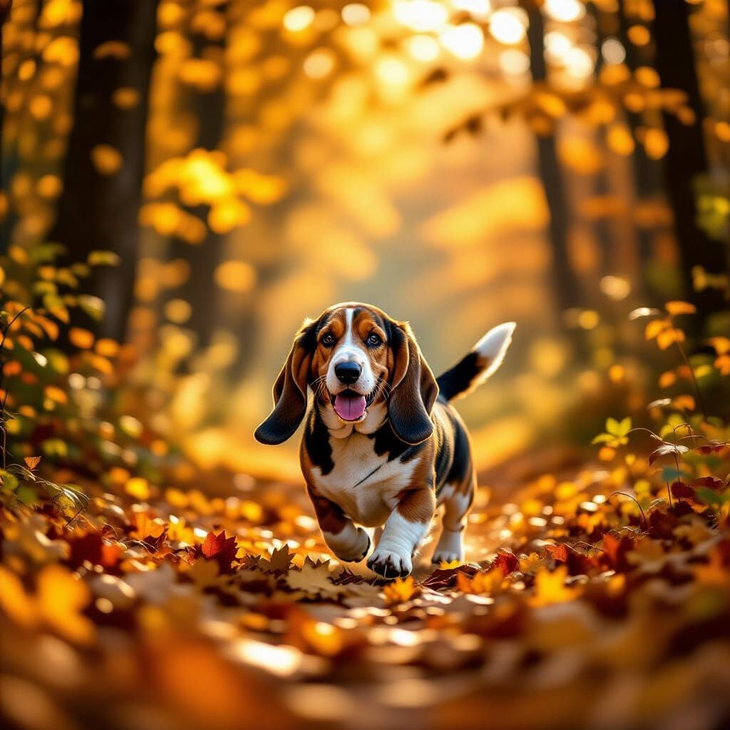 Basset Hound in Autumn Forest