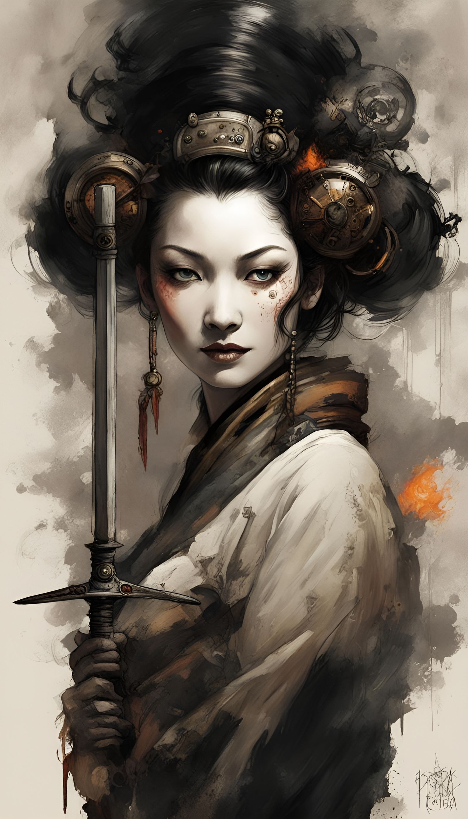 grunge portrait of a happy, smiling, beautiful steampunk burning geisha ...