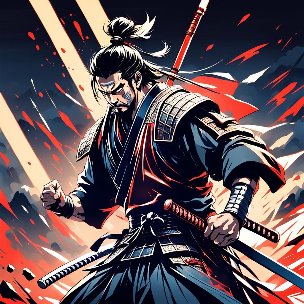 A samurai standing and crying fight