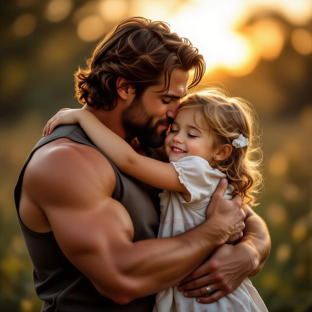 Heartwarming Hug: Muscular Man with Child in Golden Hour