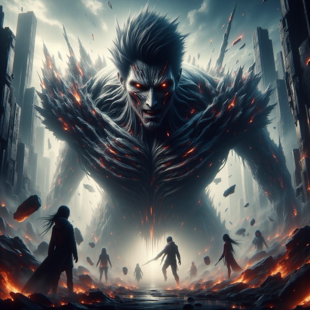 <lora:-Omnious-:1.0> <lora:Morbid:1.0> Hyper-detailed anime collage of Eren Yeager in Titan form, colossal walls in the background, dramatic...