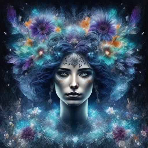 <lora:Cosmic glitter:1.0> flower bouquet, floral, flowers,  dark blue back silver spirals, glitter, and sparkle, dynamic lighting hyperdetai...