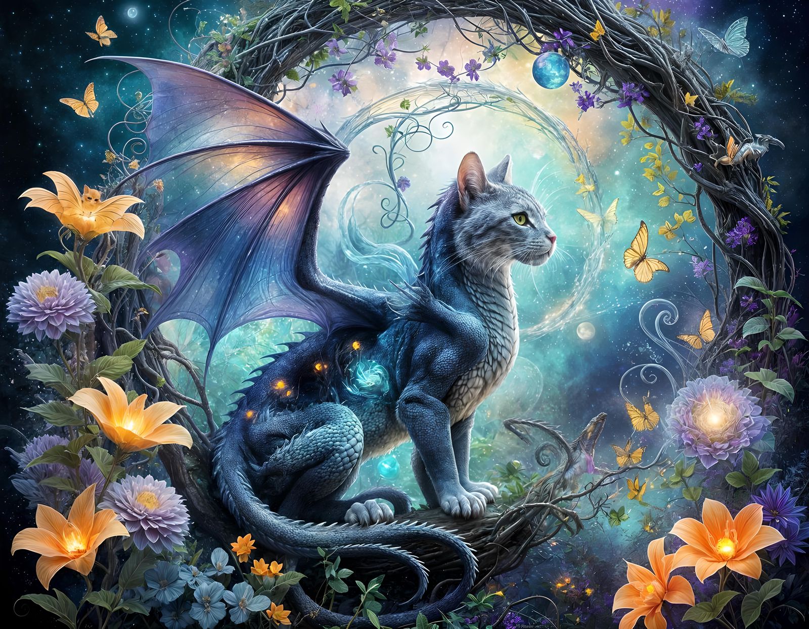 surreal, surrealism, ethereal, translucent, transparent, hybrid 
 dragon-cat going into a magical portal ...  by @tsahel