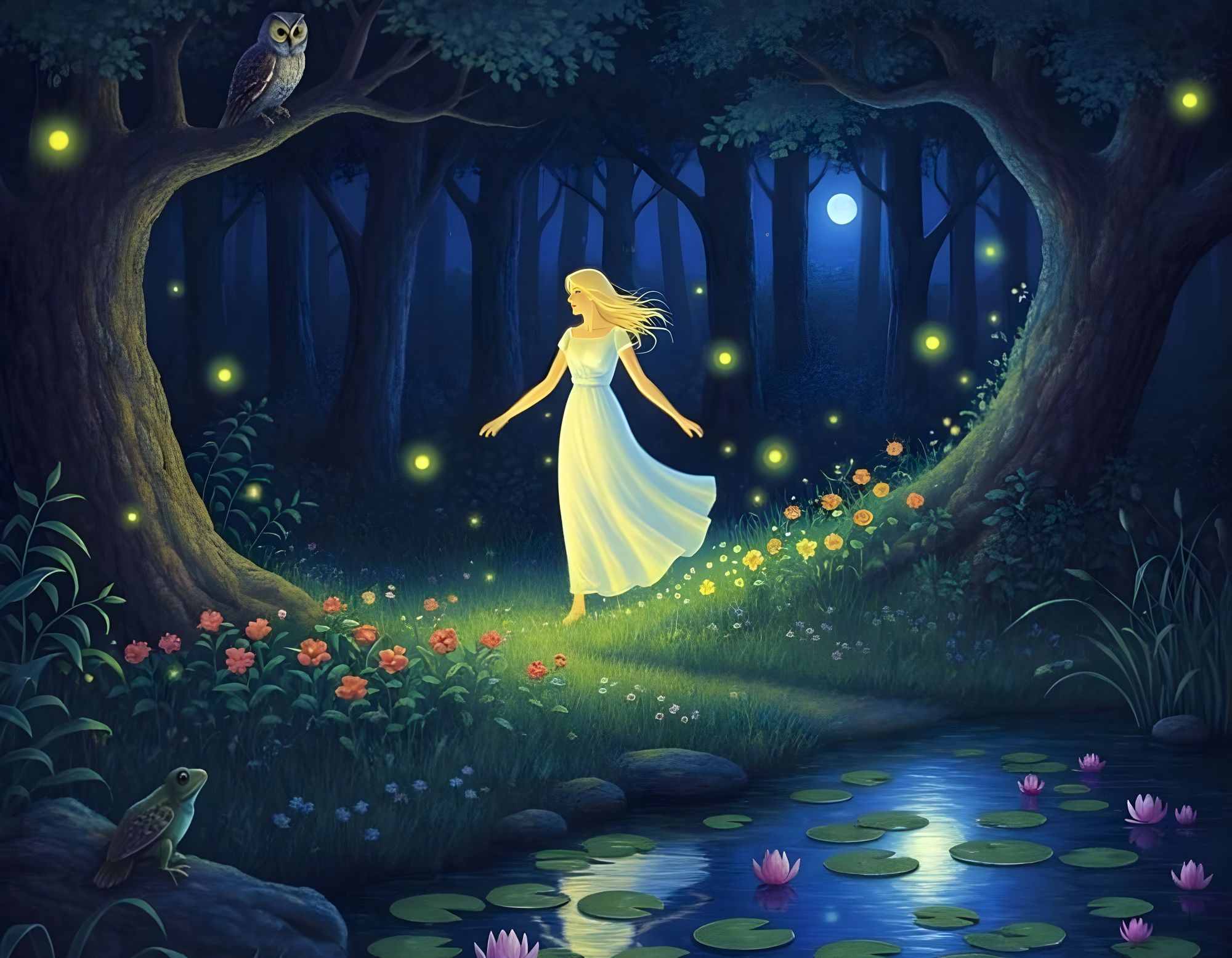 a vibrant fantasy scene in Gilbert Williams' style features a lone glowing female figure in flowing white dress, taking a nightly stroll in ...